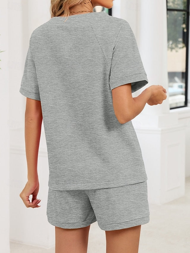 Women's Shorts Sets Short Sleeve V Neck Solid Color Fashion