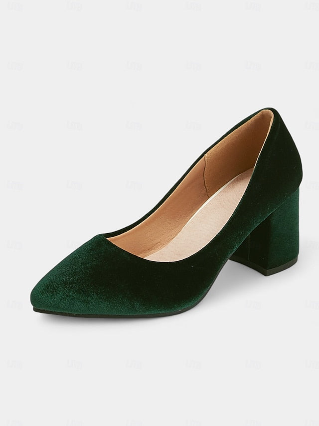 - Pointed Green Elegant Velvet Heel Block Toe Pumps Women's