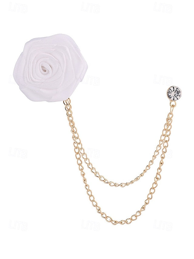 Men's Lapel Pin Rose with Chain Gold Elegant – Red