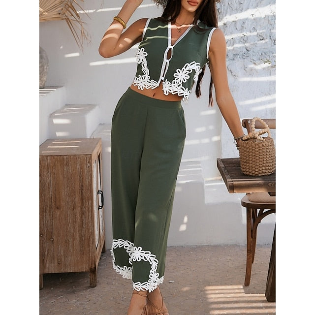Women's Shirt Pants Sets Sleeveless V Neck Solid Color Lace