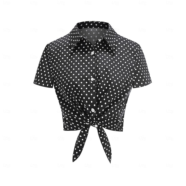 1950s Retro Vintage Crop Top Shirt Short Sleeves Polka Dot Fancy