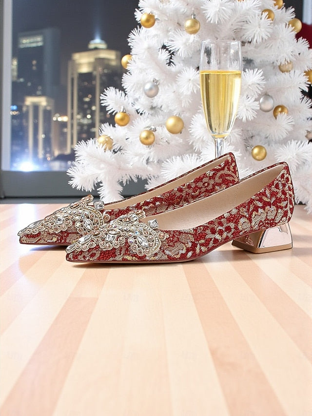 Embellished Pointed-Toe Women's Flats Red Rhinestone