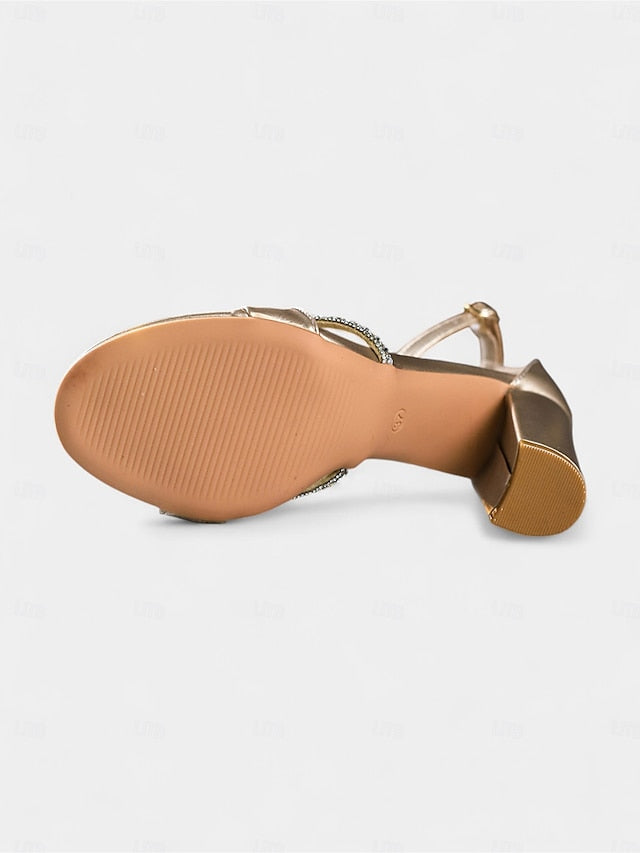 Open-Toe Block Sandals - Women's Heel Gold Strap PU Ankle