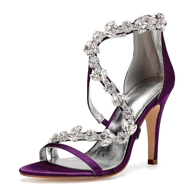 Women's Floral High Satin with Pink Rhinestone Sandals Heel