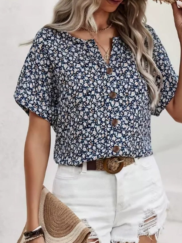 Women's T Shirt Tee Top Buttons Print Floral Fashion