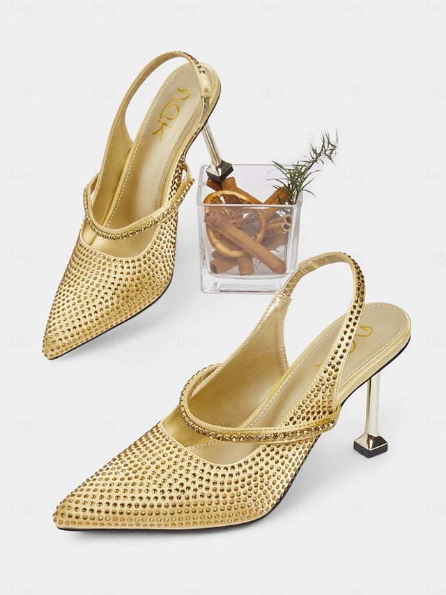 Rhinestone Toe Gold Pointed Sparkly Heels Women's -