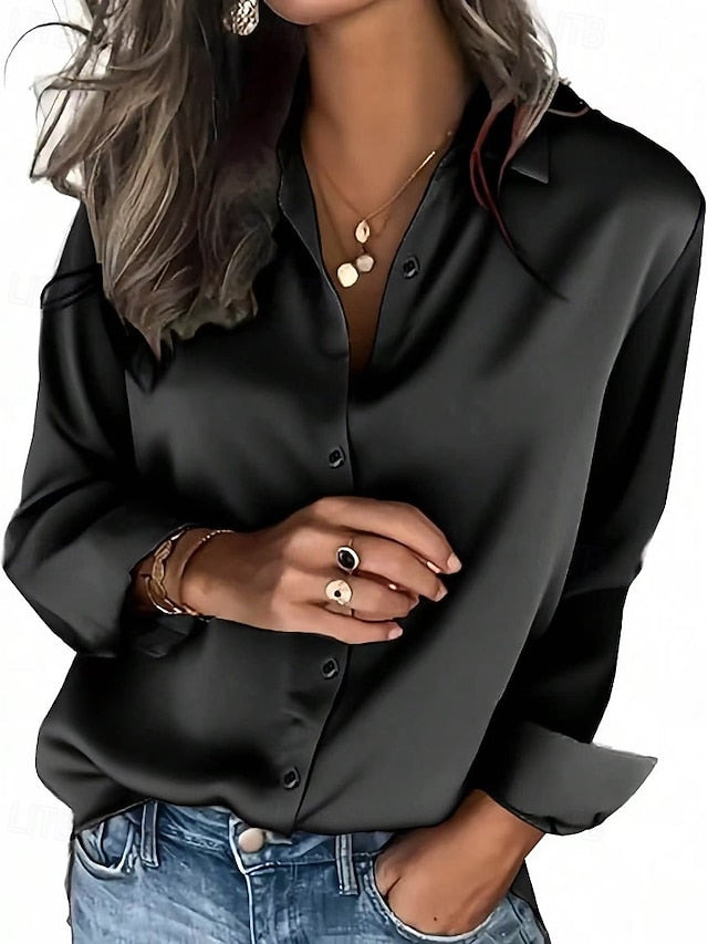 Women's Shirt Elegant Satin Top Blouse Buttons Plain Active