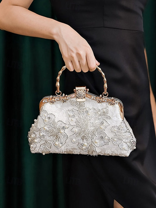 Elegant Pearl with and Evening Lace Handbag Floral White