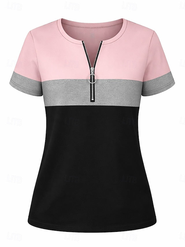 Women's T Shirt Color Block Quarter Zip Graphic Striped