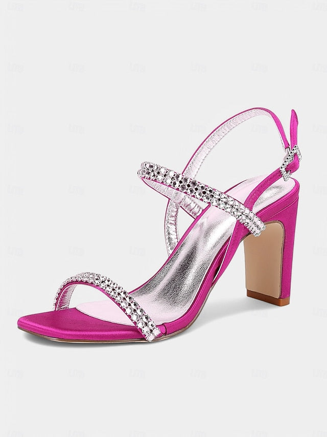 Heel Block White Women's Rhinestone Bridal Sandals Prom –