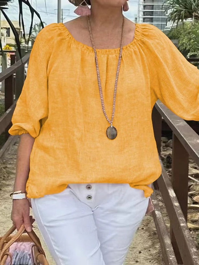 Women's Cotton Linen Shirts Blouse Patchwork Plain Elegant