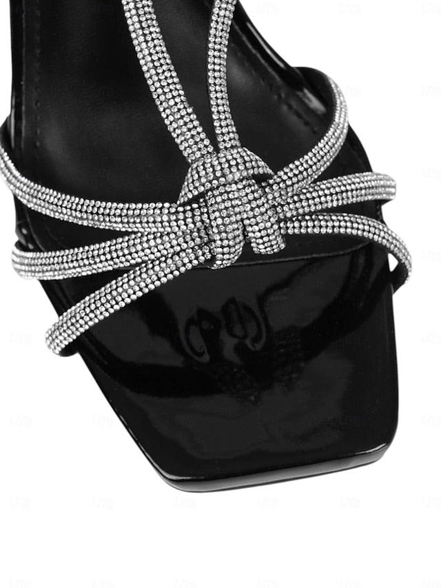Toe with Heels Rhinestone Women's Stiletto Strappy Square