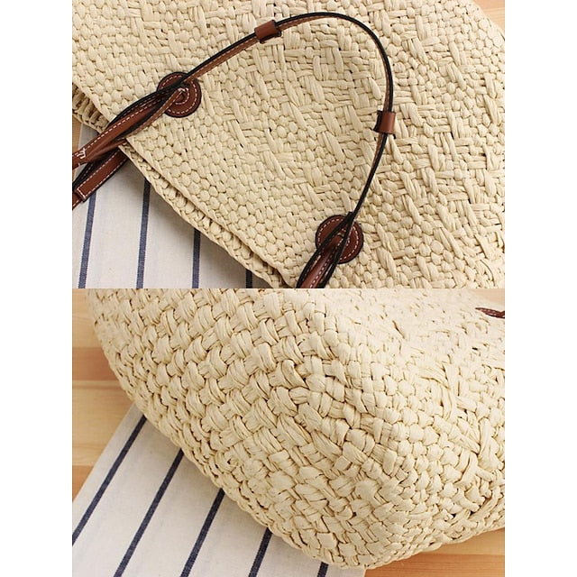 Grand sac fourre-tout bohème à bretelles en cuir pour femme, chic, en paille