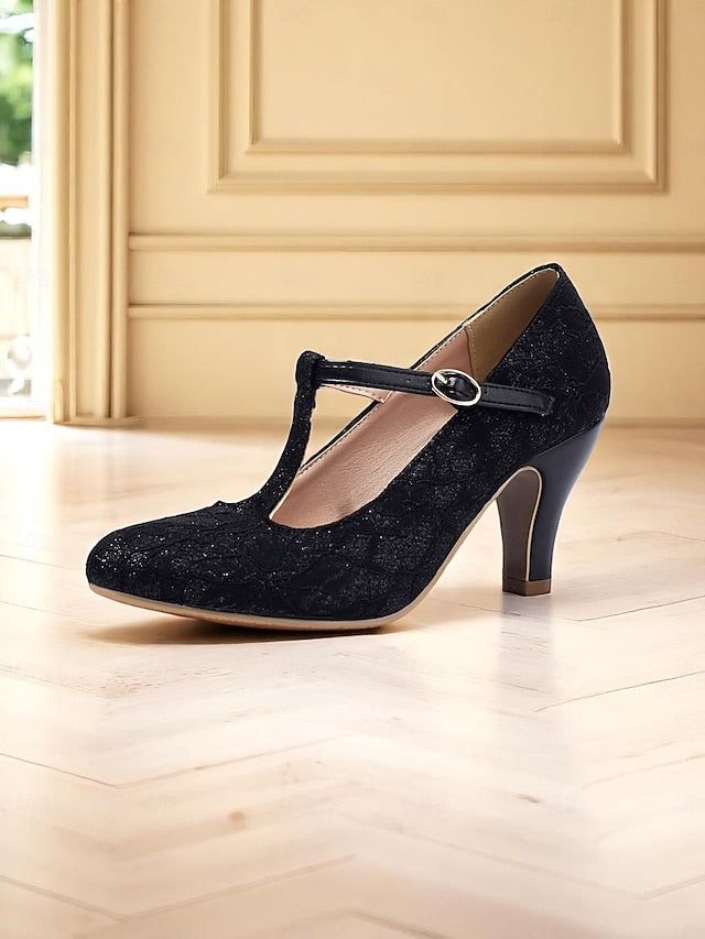 Ivory Heel Women's Mid Vintage Lace T-Strap Pumps-1920s