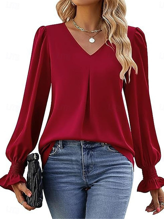Women's Shirt Blouse Solid Color Basic Casual Long Sleeve V
