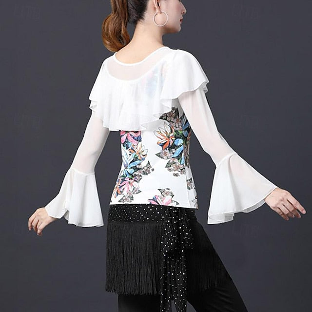 Latin Dance Ballroom Dance Top Printing Ruffles Splicing