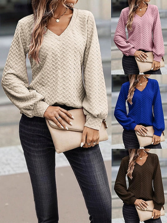 Women's Blouse Solid Color Stylish Casual Long Sleeve V