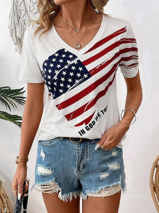 Independence Day Patriotic Women's T Shirt Casual Flag Red