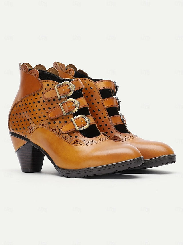 Strap Perforated Boots Brown - Ankle Vintage Women's Buckle