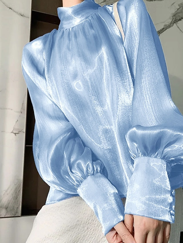Women's Shirt Elegant Satin Top Blouse Ruched Plain Vintage