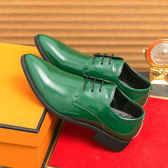 Formal for Green Leather Patent Shoes Glossy Men Lace-Up –