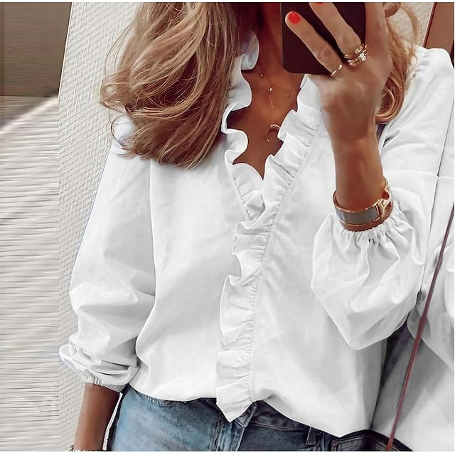 Women's Blouse Shirt V Neck Lettuce Trim Plain Modern V