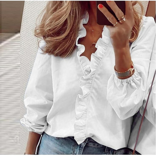 Women's Blouse Shirt V Neck Lettuce Trim Plain Modern V
