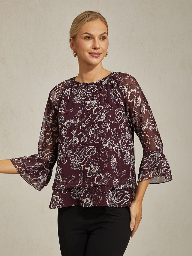 Women's Outdoor Wine Ruffle Crewneck 2 in 1 Fashion Crew