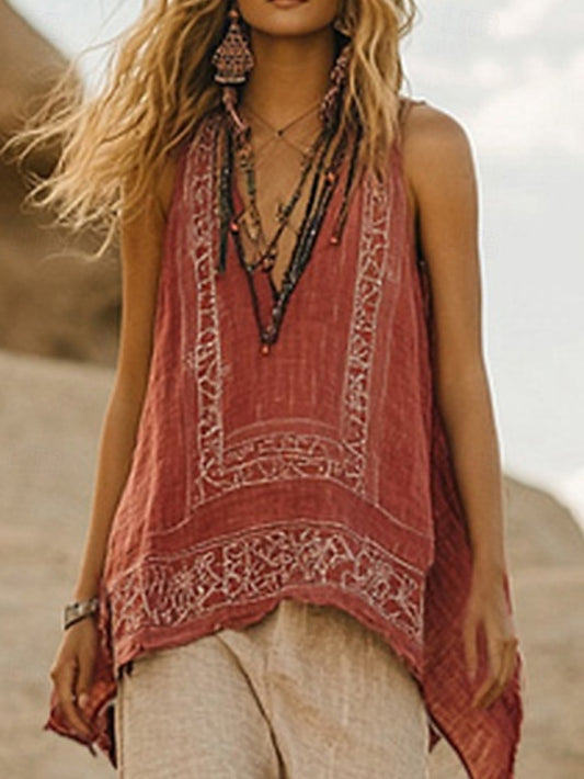 Women's Boho Shirt Blouse Faux Cotton Linen Flower Modern