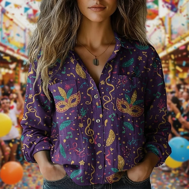 Carnival Mardi Gras Women's Shirt Boho Shirt Buttons Print