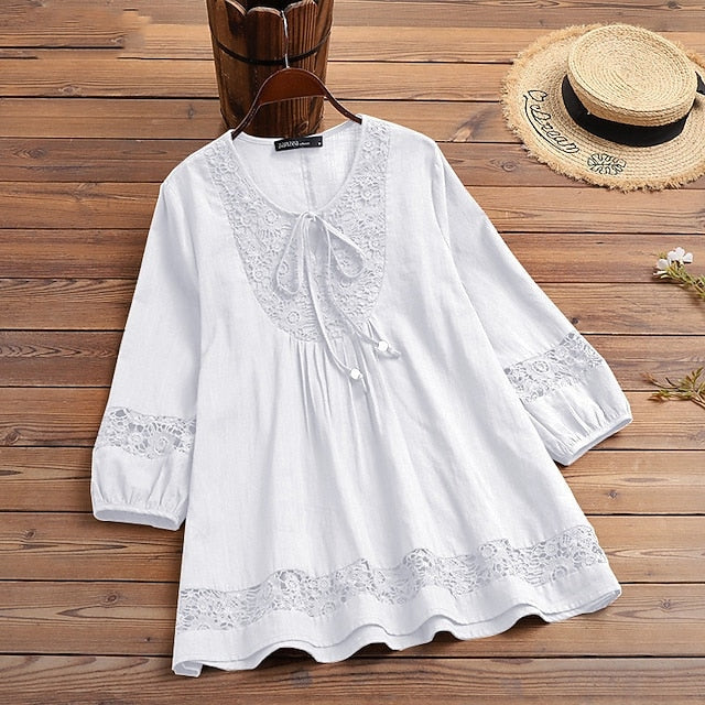 Women's Lace Splicing Top Blouse Dressy Tops Ruched Lace up