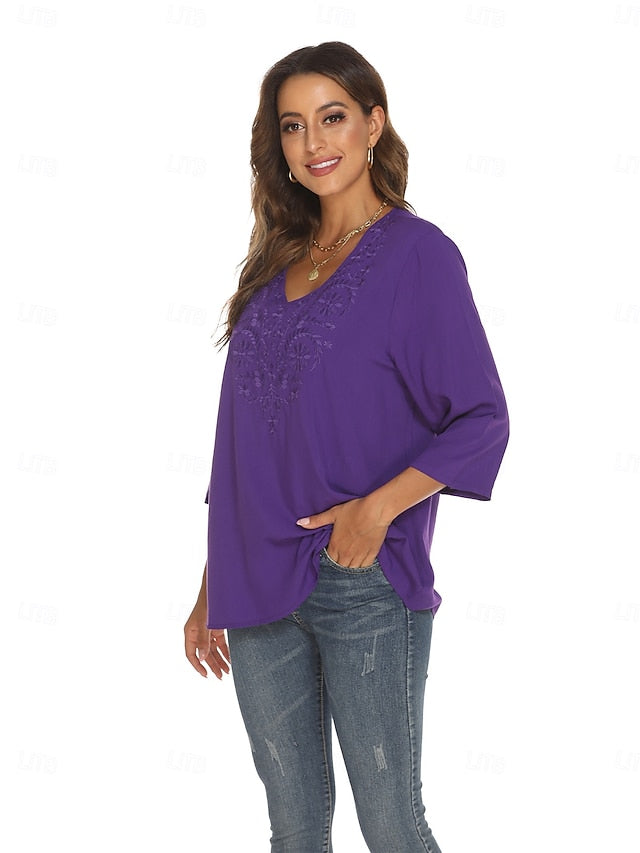 Women's Boho Shirt Embroidered Floral Bohemia Casual 3/4