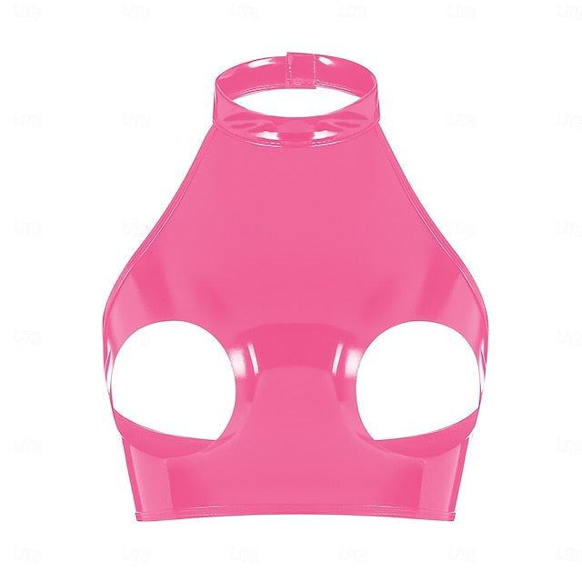 Cut-Out Faux Latex Halter Top Glossy Finish Women's Shinny