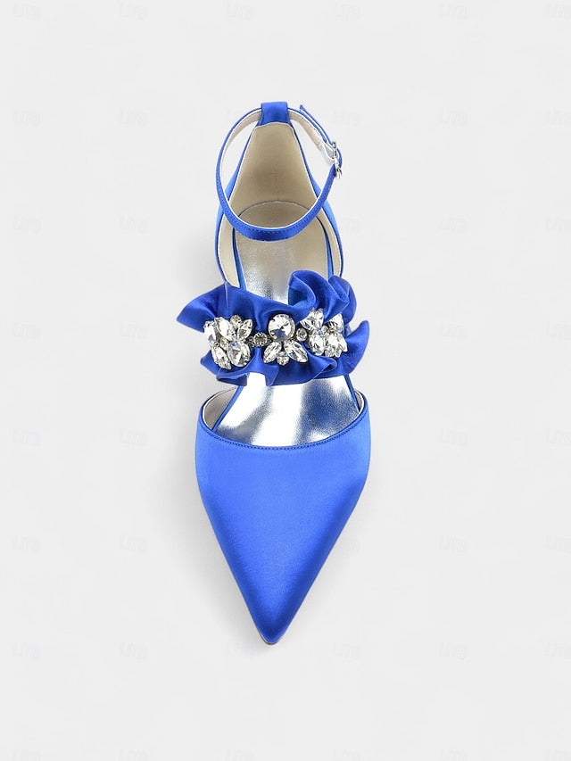 with Satin Pointed-Toe Flats Black Rhinestone Women's