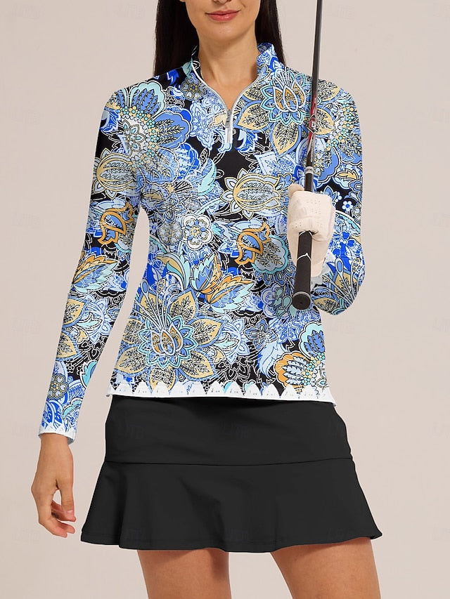 Women's Golf Polo Shirt Light Yellow Blue Long Sleeve Top