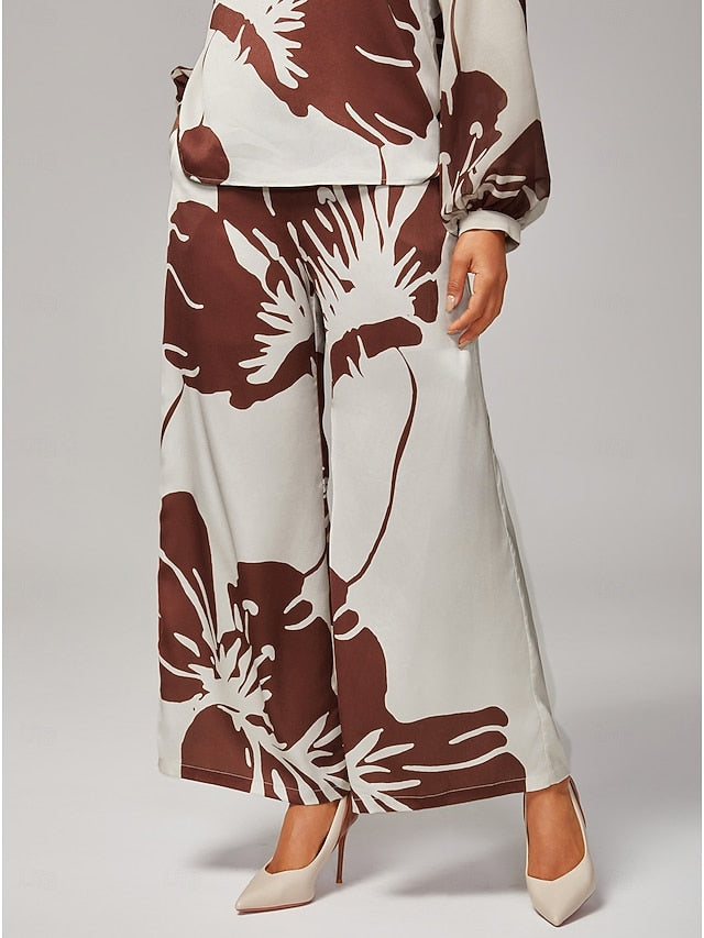 Women's Satin Abstract Floral Elastic Waist Wide-Leg Spring