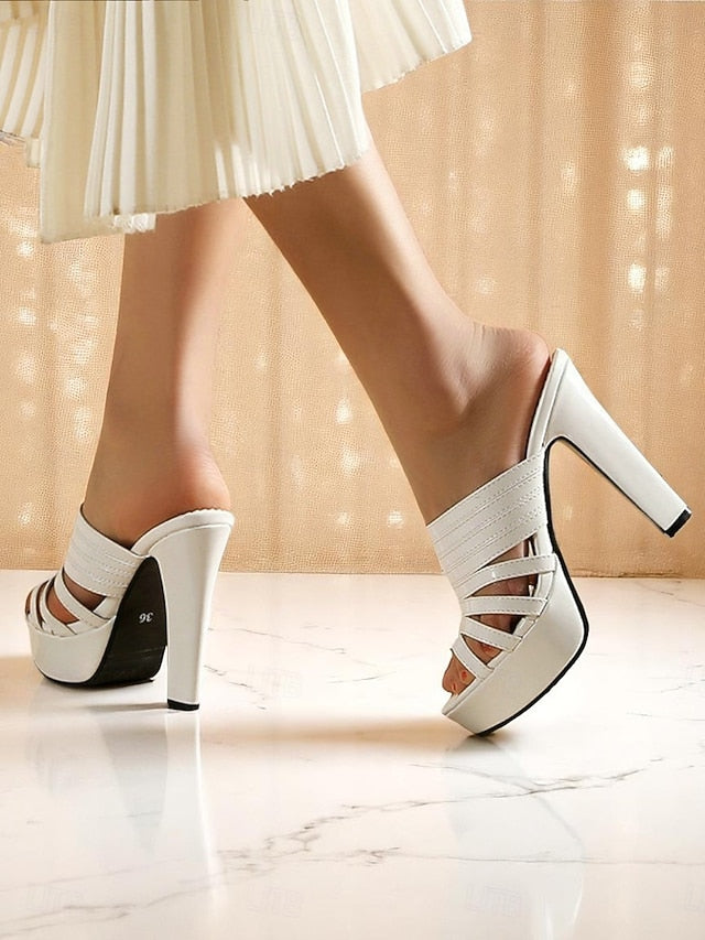 Heels Open-Toe - White Mule Strappy Platform Women's
