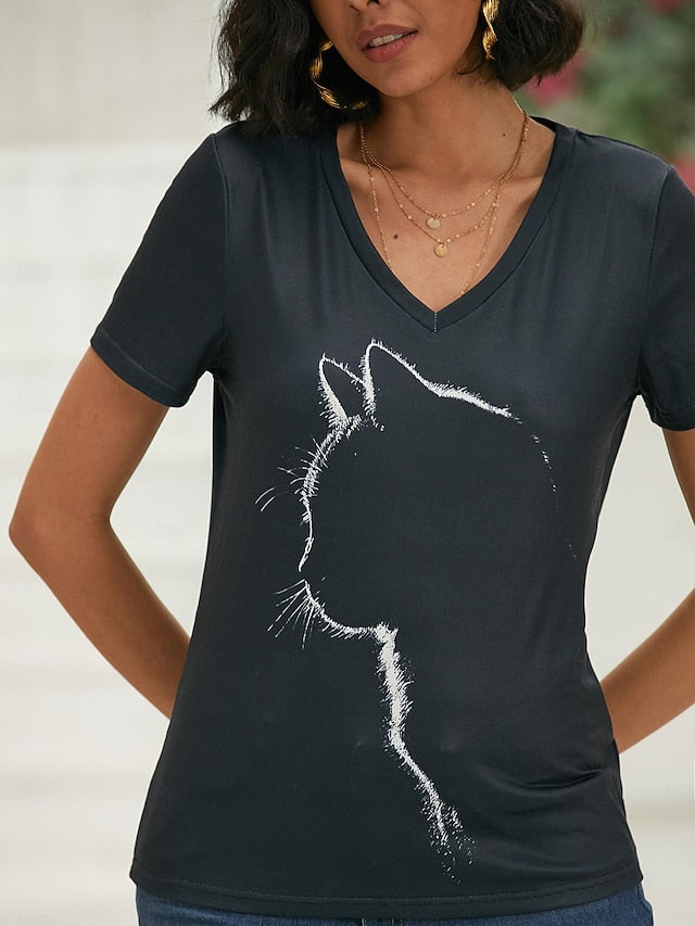 Women's T shirt Tee Black Graphic Cat Print Short Sleeve