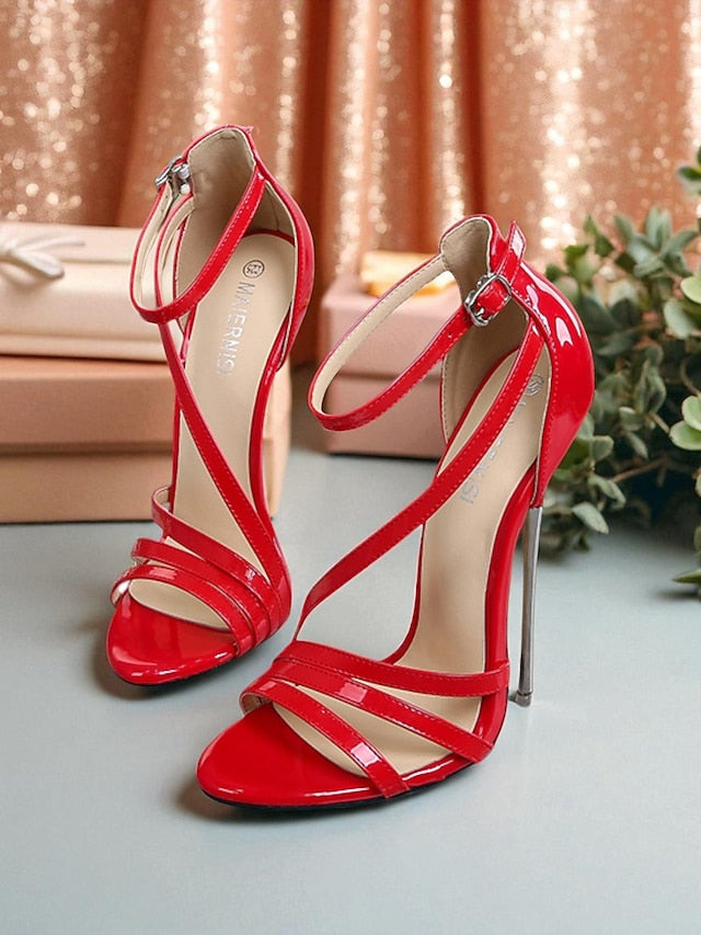 Red Stiletto Strappy High Sandals Heels Patent PU - Women's