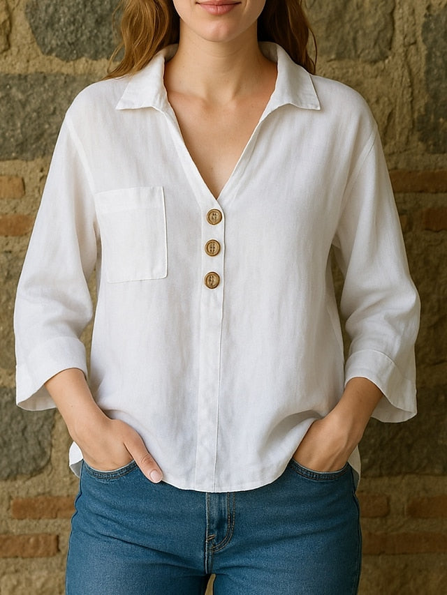 Women's Cotton Linen Shirts Pocket Buttons Plain Basic