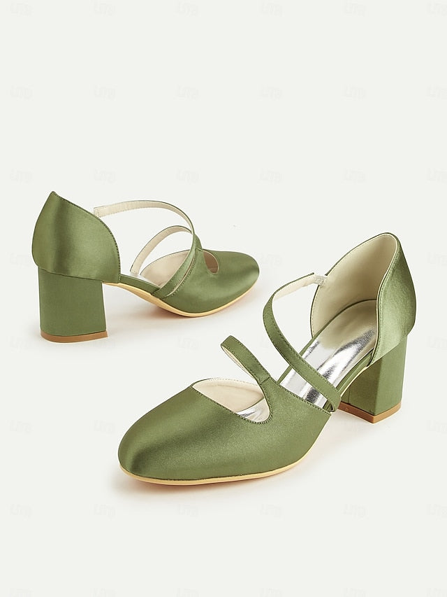Jane 1950s Mary Elegant Green – Satin Block Heels Women's