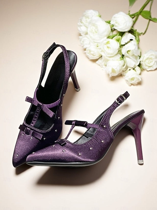 with – Satin Studs Purple Women's Heels Bows and T-Strap