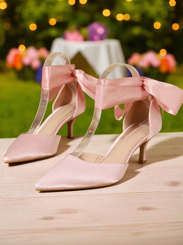 Pointed-Toe Ribbon Satin Heel Women's Shoes with Kitten
