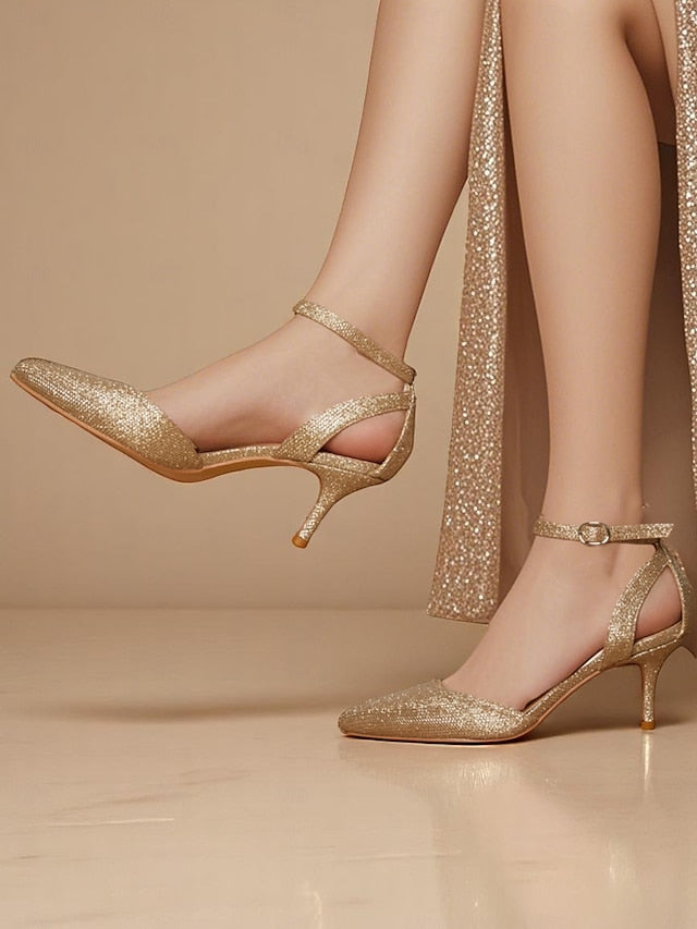 Gold Heels Strap Glitter Ankle Women's