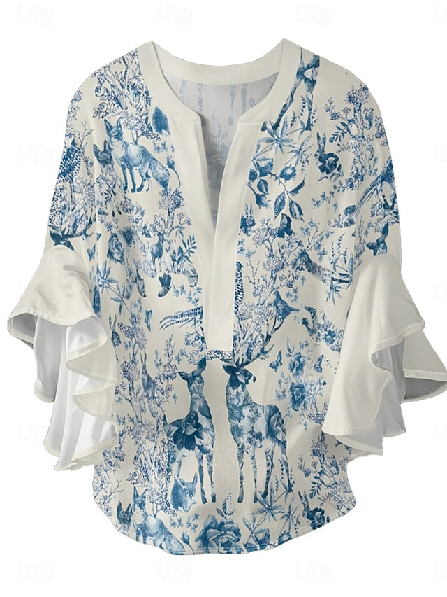 Women's Blouse Ruffle Print Floral Stylish Modern 3/4