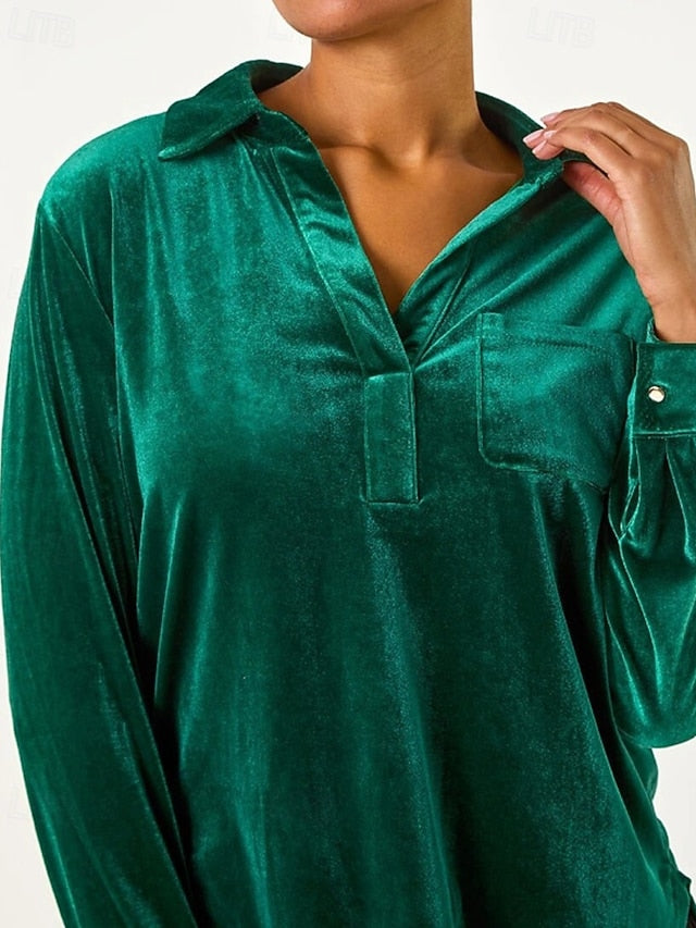 Women's Velvet Blouse Buttons Plain Vintage Stylish Long