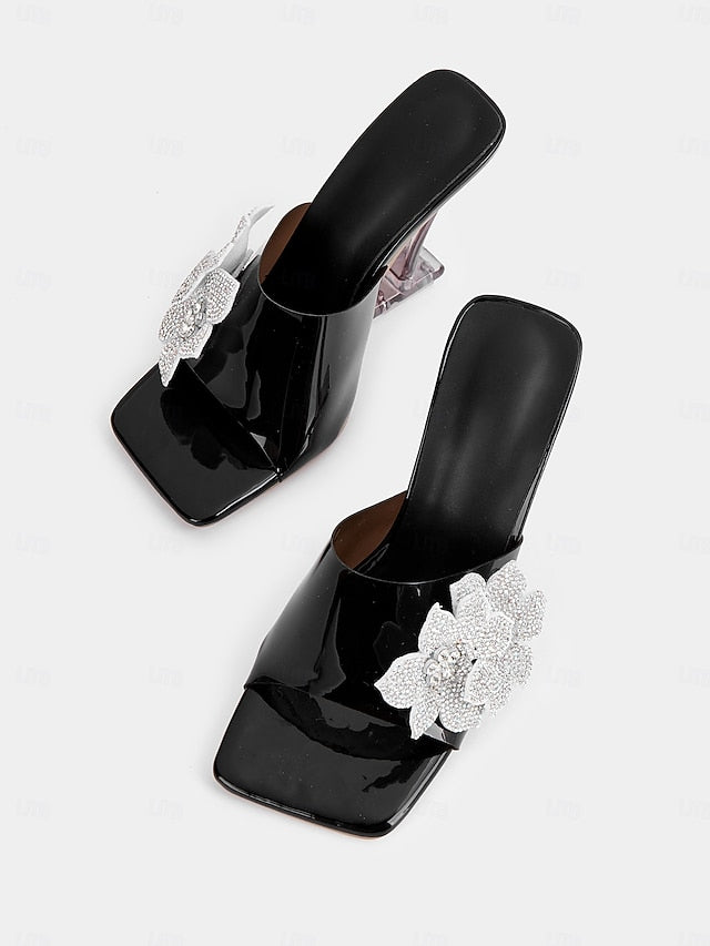 Leather Mules Women's Black Patent with Flower Rhinestone