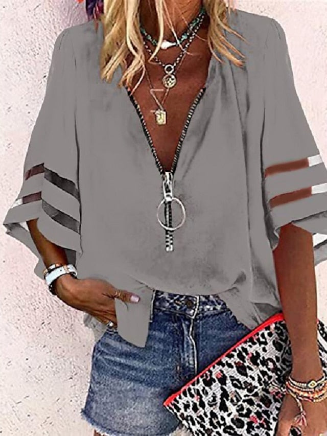 Women's Shirt Blouse Black White Yellow Plain Striped