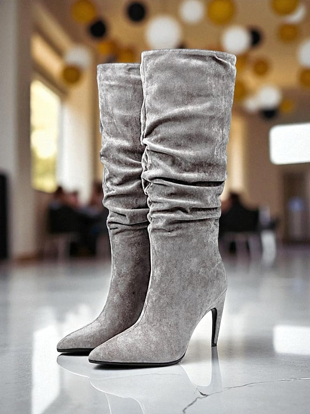 Boots Slouch Toe Velvet Women's Knee Green - High Pointed