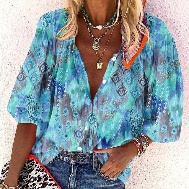 Women's Shirt Basic Buttons Print Long Sleeve Regular Tops